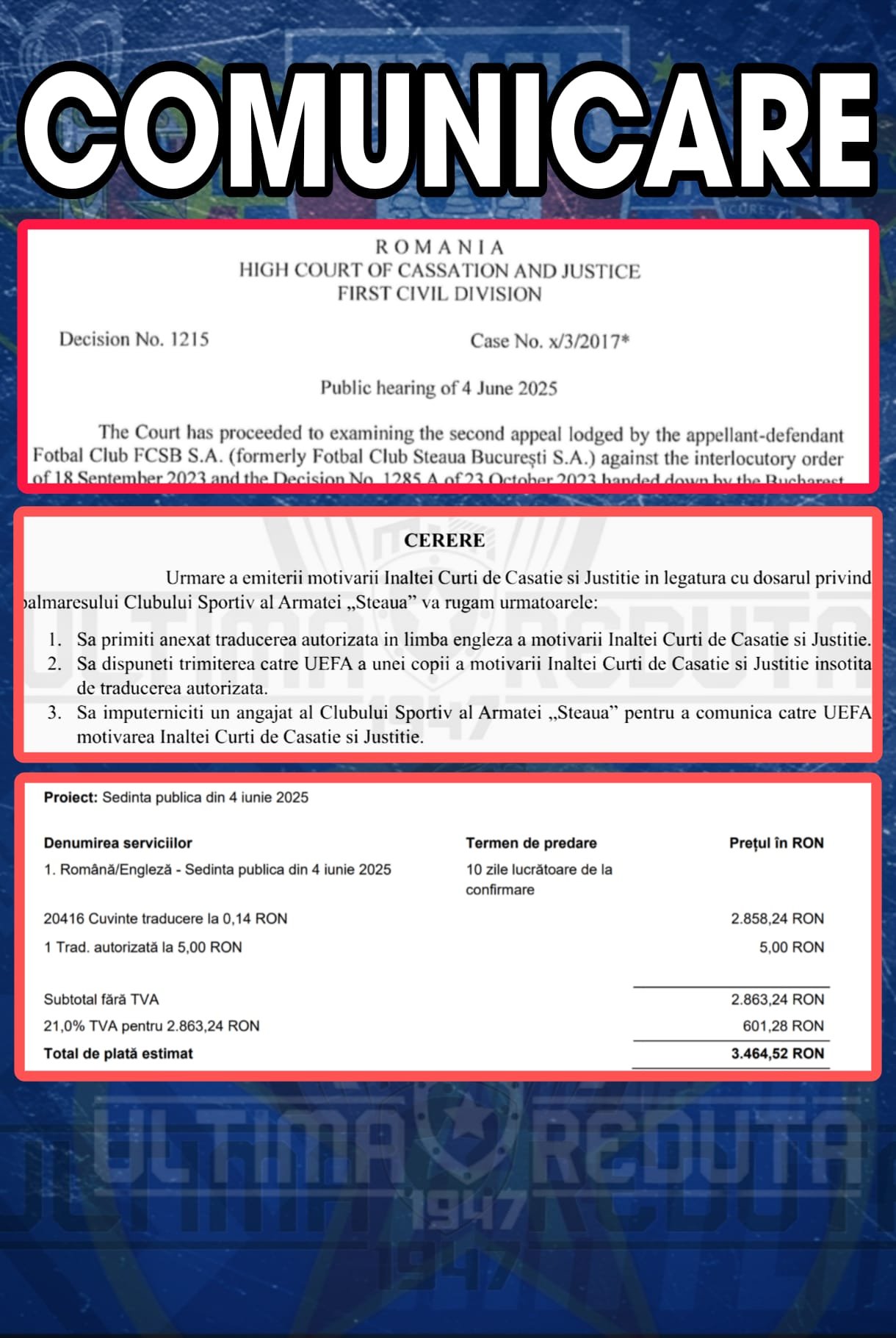 Asociația Ultima Redută 1947 — Comunicat oficial